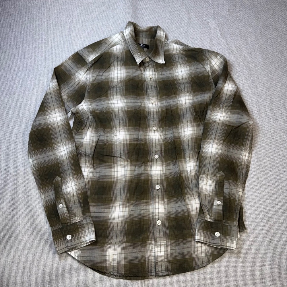 7 For All Mankind Mens Olive Green Plaid Cotton Button Down Shirt Small